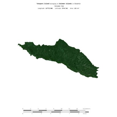 Tetepare Island in the Solomon Sea, belonging to Solomon Islands, isolated on a satellite image taken in July 14, 2021, with distance scale clipart