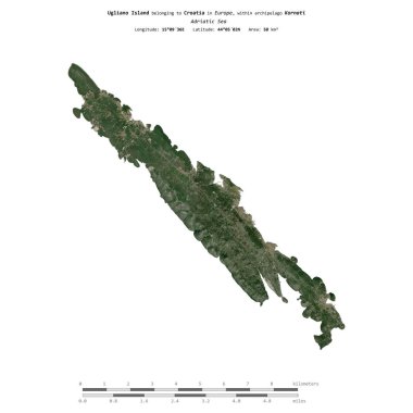 Ugliano Island in the Adriatic Sea, belonging to Croatia, isolated on a satellite image taken in April 29, 2024, with distance scale clipart