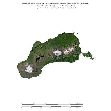 Unimak Island in the Bering Sea, belonging to United States, isolated on a satellite image taken in August 18, 2019, with distance scale clipart