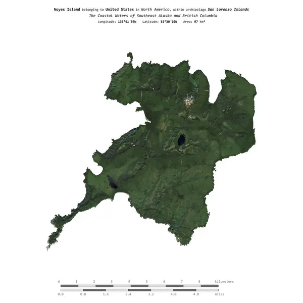 stock image Noyes Island in the The Coastal Waters of Southeast Alaska and British Columbia, belonging to United States, isolated on a satellite image taken in May 18, 2023, with distance scale