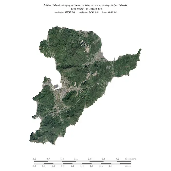 stock image Oshima Island in the Seto Naikai or Inland Sea, belonging to Japan, isolated on a satellite image taken in July 17, 2023, with distance scale