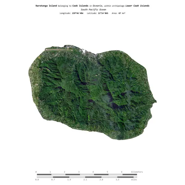 stock image Rarotonga Island in the South Pacific Ocean, belonging to Cook Islands, isolated on a satellite image taken in August 4, 2021, with distance scale