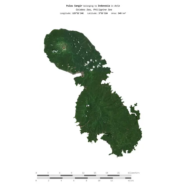 stock image Pulau Sangir in the Celebes Sea, belonging to Indonesia, isolated on a satellite image taken in April 13, 2020, with distance scale