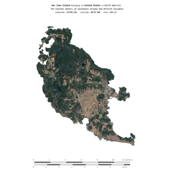 stock image San Juan Island in the The Coastal Waters of Southeast Alaska and British Columbia, belonging to United States, isolated on a satellite image taken in October 2, 2022, with distance scale