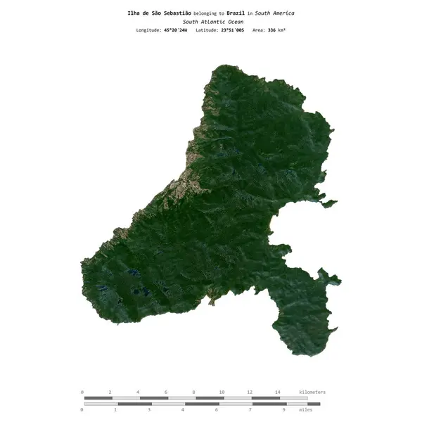 stock image Ilha de Sao Sebastiao in the South Atlantic Ocean, belonging to Brazil, isolated on a satellite image taken in July 5, 2020, with distance scale