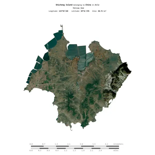 stock image Shicheng Island in the Yellow Sea, belonging to China, isolated on a satellite image taken in December 29, 2022, with distance scale