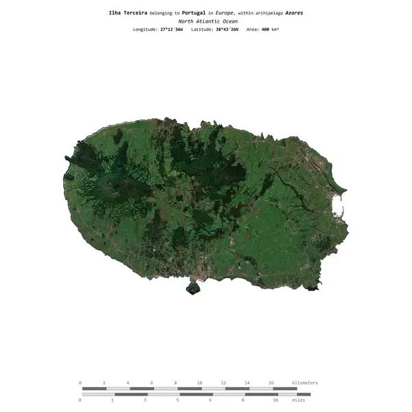 stock image Ilha Terceira in the North Atlantic Ocean, belonging to Portugal, isolated on a satellite image taken in February 23, 2020, with distance scale