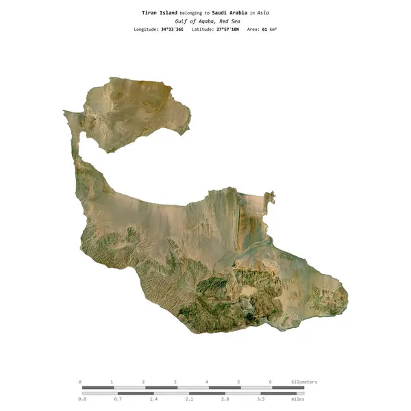 stock image Tiran Island in the Red Sea, belonging to Saudi Arabia, isolated on a satellite image taken in December 11, 2022, with distance scale