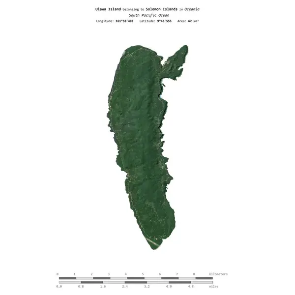 stock image Ulawa Island in the South Pacific Ocean, belonging to Solomon Islands, isolated on a satellite image taken in February 12, 2018, with distance scale