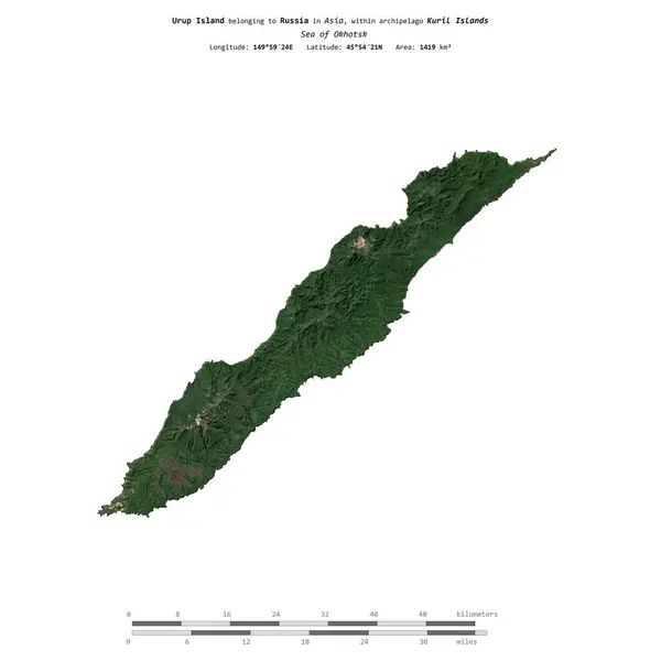 stock image Urup Island in the Sea of Okhotsk, belonging to Russia, isolated on a satellite image taken in September 25, 2023, with distance scale