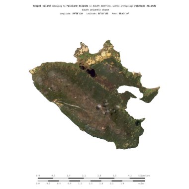 Keppel Island in the South Atlantic Ocean, belonging to Falkland Islands, isolated on a satellite image taken in September 29, 2021, with distance scale clipart