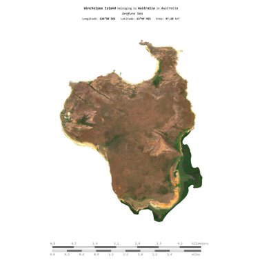 Winchelsea Island in the Arafura Sea, belonging to Australia, isolated on a satellite image taken in October 7, 2023, with distance scale clipart