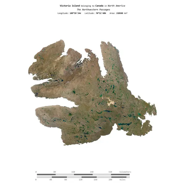 stock image Victoria Island in the The Northwestern Passages, belonging to Canada, isolated on a satellite image taken in August 27, 2015, with distance scale