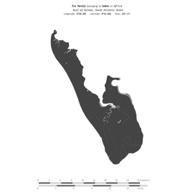 Ile Mandji in the Gulf of Guinea, belonging to Gabon, isolated on a bilevel elevation map, with distance scale clipart