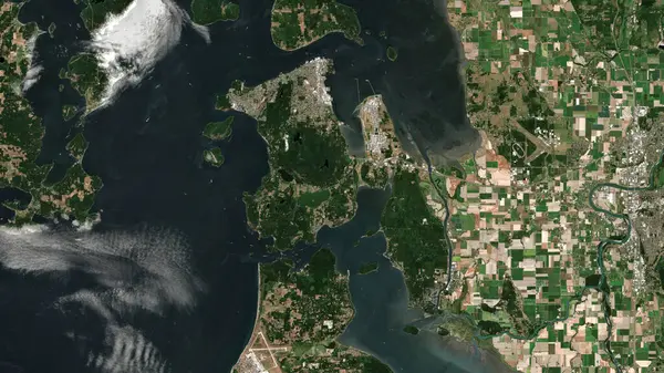 stock image Fidalgo Island in the The Coastal Waters of Southeast Alaska and British Columbia on a satellite image taken in August 28, 2020