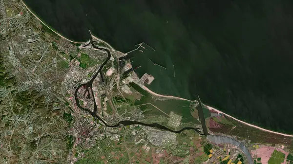 stock image Port Island in the Baltic Sea on a satellite image taken in May 10, 2023