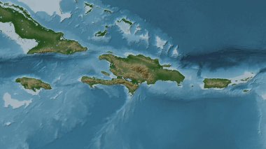 Karayip Denizi 'ndeki La Espanola Adası renkli bir yükseklik haritası üzerinde