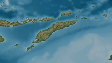 Savu Denizi 'ndeki Timor Adası renkli bir yükseklik haritası üzerinde