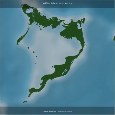 Acklins Island in the North Atlantic Ocean, belonging to Bahamas, cropped to square on a colored elevation map clipart