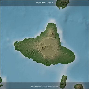 Vanuatu 'ya ait Mercan Denizi' ndeki Ambrym Adası renkli bir yükseklik haritasında kare şeklinde kesilmiş.