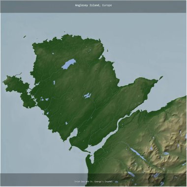 İrlanda Denizi 'ndeki Anglesey Adası ve Birleşik Krallık' a ait St. George Kanalı renkli bir yükseklik haritasında kare şeklinde kesilmiş.