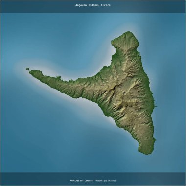 Mozambik Kanalı 'ndaki Anjouan Adası, Comoros' a ait renkli bir yükseklik haritasında kare şeklinde kesilmiş.