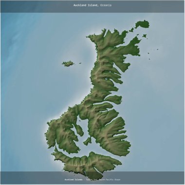 Tasman Denizi 'ndeki Auckland Adası, Yeni Zelanda' ya ait, renkli bir yükseklik haritasında kare şeklinde kesilmiş.