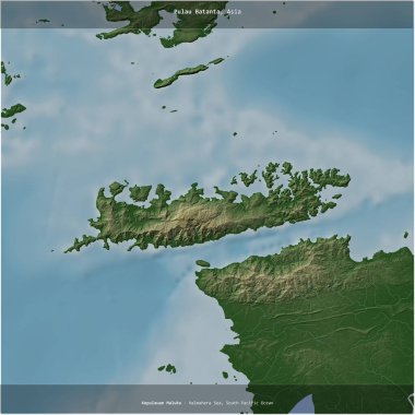 Endonezya 'ya ait Halmahera Denizi' ndeki Pulau Batanta renkli bir yükseklik haritasında kare şeklinde kesilmiş.