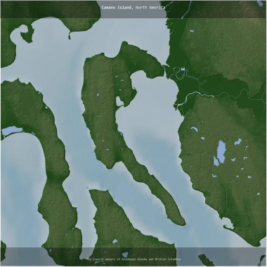 Camano Island in the The Coastal Waters of Southeast Alaska and British Columbia, belonging to United States, cropped to square on a colored elevation map