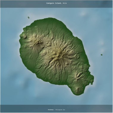 Filipin Denizi 'ndeki Camiguin Adası, Filipinler' e ait renkli bir yükseklik haritasında kare şeklinde kesilmiş.