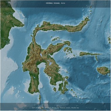 Celebes Island in the Java Sea, belonging to Indonesia, cropped to square on a colored elevation map clipart