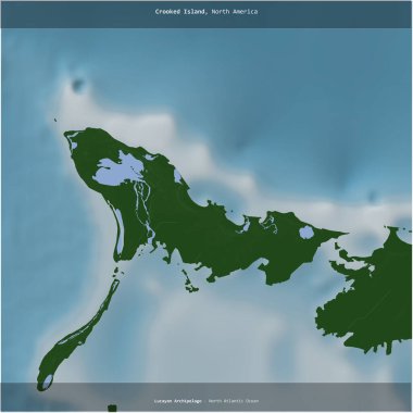 Kuzey Atlantik Okyanusu 'ndaki Eğri Ada, Bahamalar' a ait renkli bir yükseklik haritasında kare şeklinde kesilmiş.