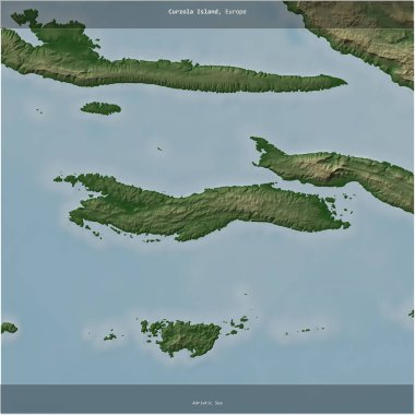 Hırvatistan 'a ait Adriyatik Denizi' ndeki Curzola Adası renkli bir yükseklik haritasında kare şeklinde kesilmiş