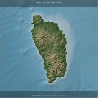 Dominica 'ya ait Karayip Denizi' ndeki Dominica Adası renkli bir yükseklik haritasında kare şeklinde kesilmiş.