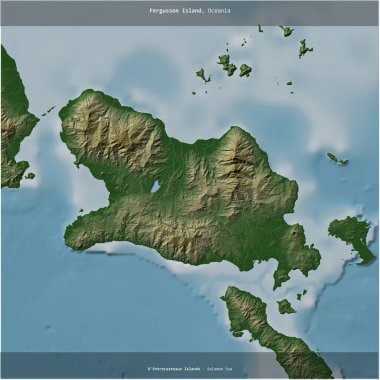 Solomon Denizi 'ndeki Fergusson Adası, Papua Yeni Gine' ye ait renkli bir yükseklik haritasında kareye eklenmiş.