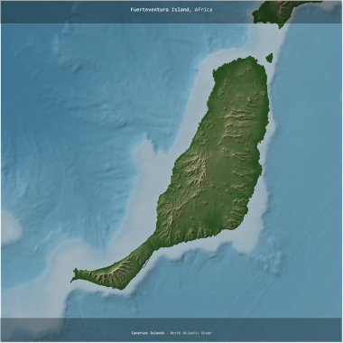 İspanya 'ya ait Kuzey Atlantik Okyanusu' ndaki Fuerteventura Adası renkli bir yükseklik haritasında kare şeklinde kesilmiş.