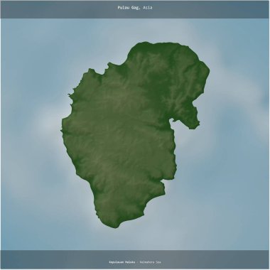 Endonezya 'ya ait Halmahera Denizi' ndeki Pulau Gag renkli bir yükseklik haritasında kare şeklinde kesilmiş.