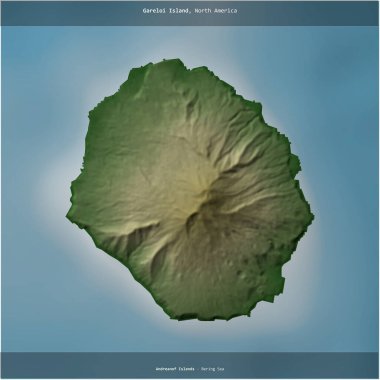 Bering Denizi 'ndeki Gareloi Adası, Amerika Birleşik Devletleri' ne ait renkli bir yükseklik haritasında kare şeklinde kesilmiş.