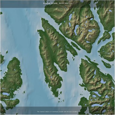 Güneydoğu Alaska ve Britanya Kolumbiyası 'nın Sahil Suları' ndaki Gravina Adası renkli bir yükseklik haritasında kare şeklinde kesilmiş.