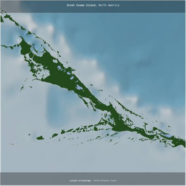 Great Exuma Island in the North Atlantic Ocean, belonging to Bahamas, cropped to square on a colored elevation map clipart