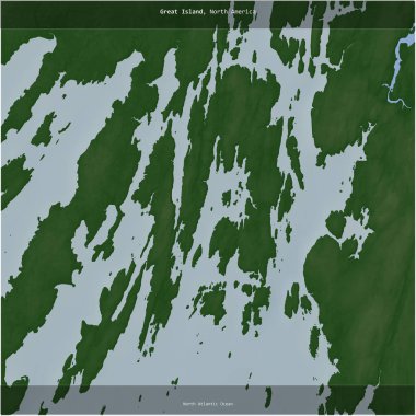 Amerika Birleşik Devletleri 'ne ait Kuzey Atlantik Okyanusu' ndaki Büyük Ada renkli bir yükseklik haritasında kare şeklinde kesilmiş.