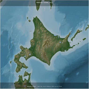 Japonya 'ya ait Japon Denizi' ndeki Hokkaido Adası renkli bir yükseklik haritasında kare şeklinde kesilmiş.