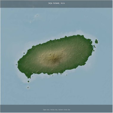 Japonya Denizi 'ndeki Jeju Adası, Güney Kore' ye ait renkli bir yükseklik haritasında kare şeklinde kesilmiş.