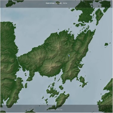 Doğu Çin Denizi 'ndeki Kamishima Adası, Japonya' ya ait renkli bir yükseklik haritasında kare şeklinde kesilmiş.