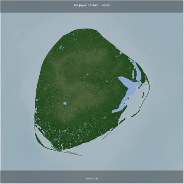 Kolguyev Island in the Barents Sea, belonging to Russia, cropped to square on a colored elevation map clipart