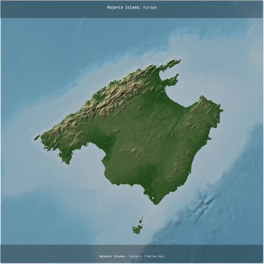 İspanya 'ya ait Balearic' teki Majorca Adası (İber Denizi) renkli bir yükseklik haritasında kare şeklinde kesilmiş.