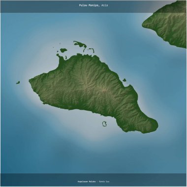 Endonezya 'ya ait Banda Denizi' ndeki Pulau Manipa renkli bir yükseklik haritasında kare şeklinde kesilmiş.