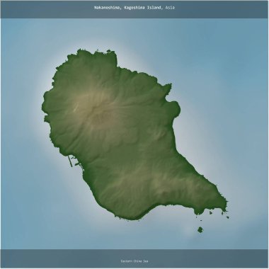 Nakanoshima, Doğu Çin Denizi 'ndeki Kagoshima Adası, Japonya' ya ait, renkli bir yükseklik haritasında kare şeklinde kesilmiş.