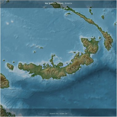 Solomon Denizi 'ndeki Yeni Britanya Adası, Papua Yeni Gine' ye ait renkli bir yükseklik haritasında kare şeklinde kesilmiş.