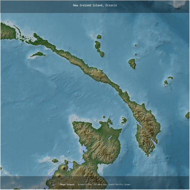 Solomon Denizi 'ndeki Papua Yeni Gine' ye ait Yeni İrlanda adası renkli bir yükseklik haritasında kareye eklenmiş.